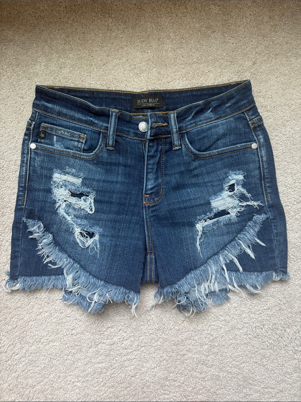 Judy Blue Medium/Dark Blue Frayed V-Hem Distressed Denim Shorts
